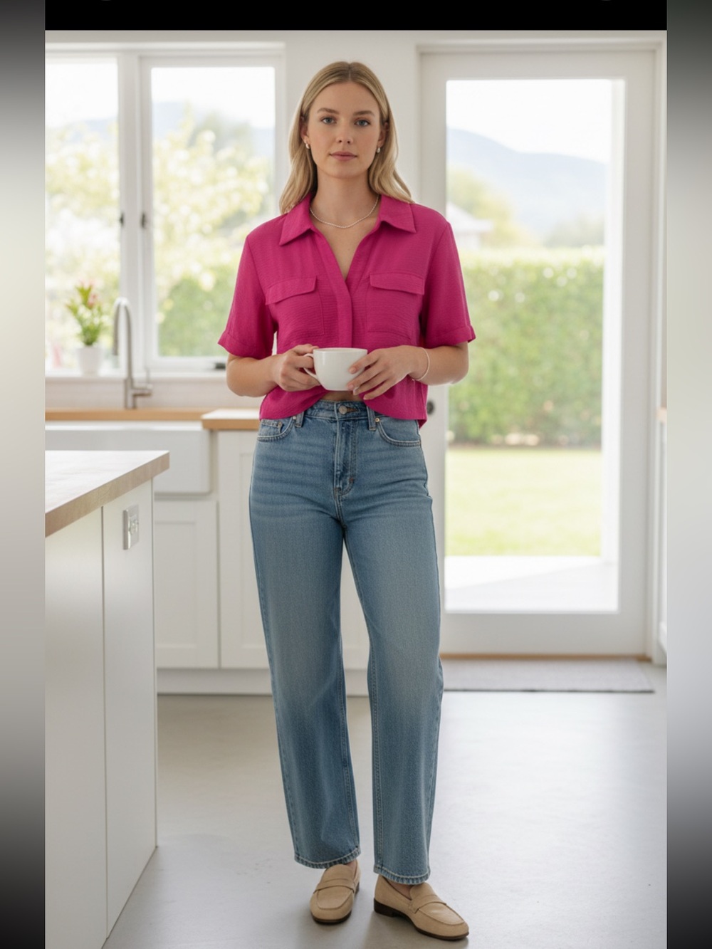 Rachel Zoe Hot Pink Cropped Button Shirt